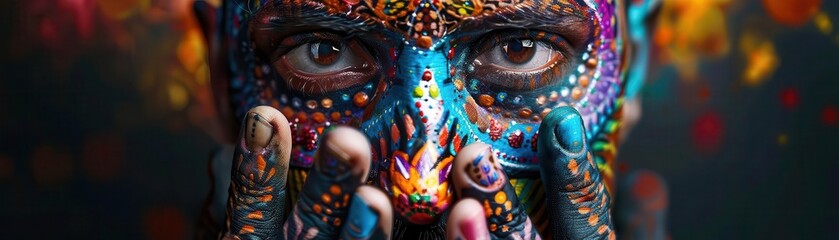 Body art with intricate designs, symbolizing cultural identity and heritage, Cultural, Bright colors, Photography