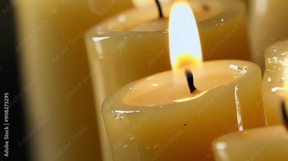 Poster intimate view of a group of candles each one producing elongated drips of wax in different direction