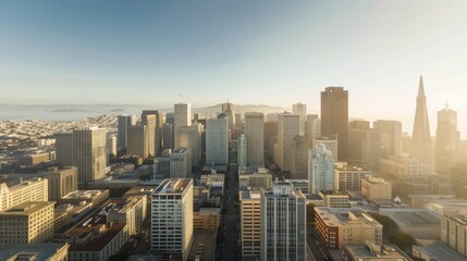 Aerial view of the san francisco skyline bathing in the golden light of dawn with the transamerica pyramid in the background