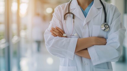 A close-up of a doctor standing in a modern hospital, arms crossed, wearing a stethoscope and a white coat. Represents professionalism and healthcare excellence