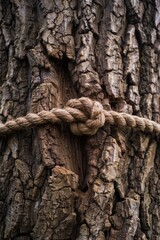 A rope or cord is tied into a knot on the surface of a tree trunk
