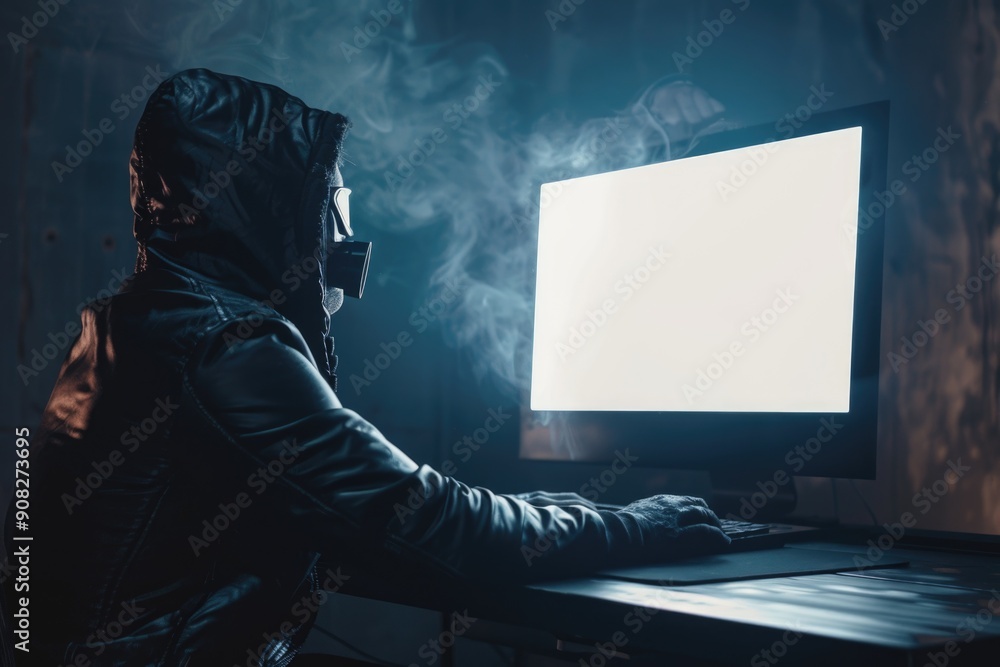 Poster a person wearing a hoodie sits in front of a computer, focused on the screen