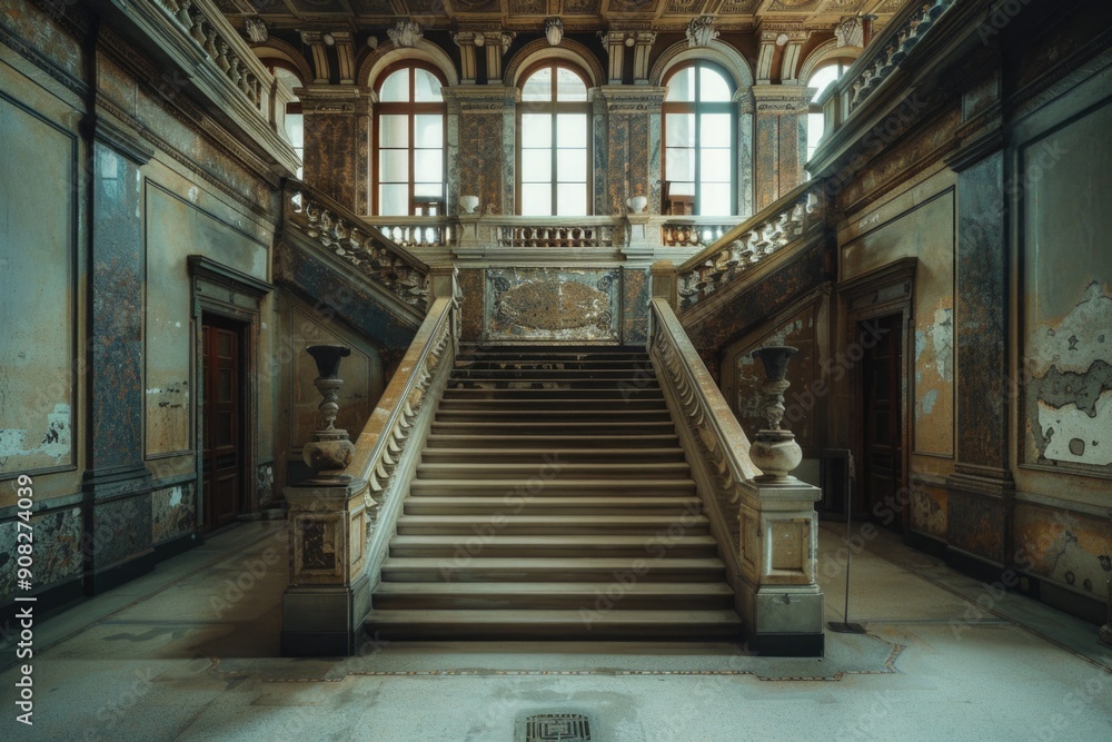 Poster A historic building staircase with numerous windows, perfect for use as a background or property image