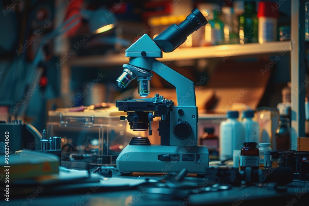 Poster a microscope sits on a table next to various glass bottles
