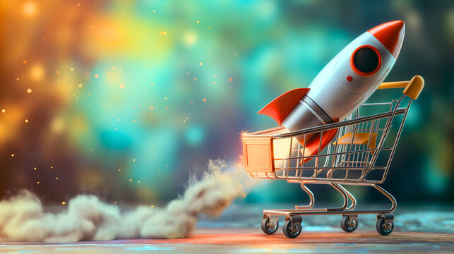 Shopping cart with rocket launching, copy space. Fast delivery from online market store shop, e-commerce purchase or buy, quick shipping transport service, speed, order, discount, consumerism