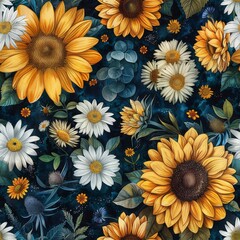 A beautiful floral pattern featuring sunflowers, daisies, and thistles in shades of yellow, white, and green on a dark blue background. Perfect for fabric, wallpaper, and other creative projects.