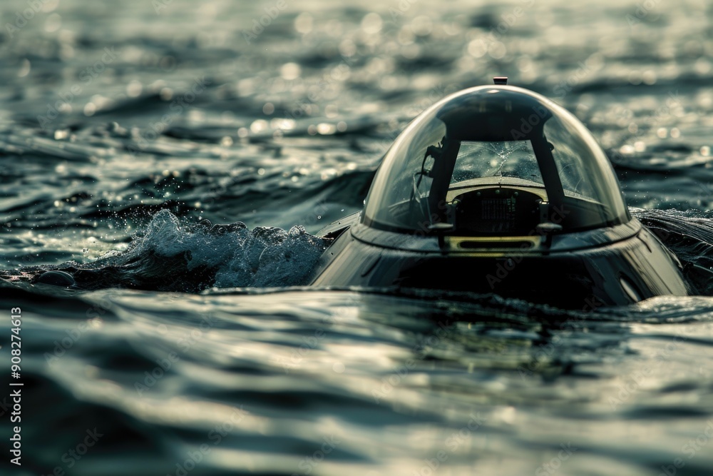 Poster a submarine is situated in the middle of a body of water, providing a glimpse into its operations