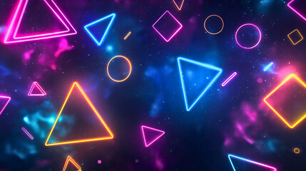 Neon glowing geometric shapes including square, circle, triangle and lines. Futuristic background banner or wallpaper, night, space, dark, colorful