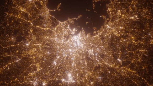 Boston (Massachusetts, USA) aerial view at night. Top view on modern city with street lights. Camera is zooming out, rotating clockwise. Vertical video. The north is on the left side