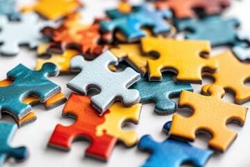 Obraz premium A collection of vibrant puzzle pieces arranged on a clean white surface, perfect for illustrating creative problem-solving or fun learning activities