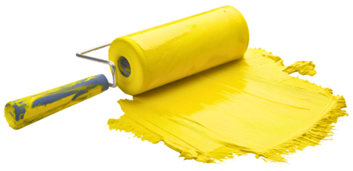 Yellow paint roller isolated on transparent background. Home house room interior wall renovation and decoration, improvement work tool or equipment with handle, diy instrument object