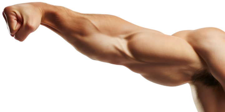 Handsome muscular man arm and hand isolated, triceps and biceps muscles on fit young male athlete person. Flexing, athletic strength and power, strong gym adult, powerful bodybuilder