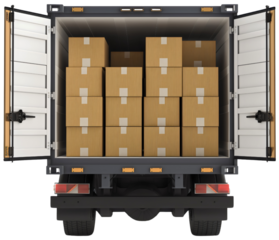 Rear back view of truck full of cardboard box packages isolated. Cargo delivery and shipping transportation vehicle with trailer, warehouse logistic shipment distribution service, freight business
