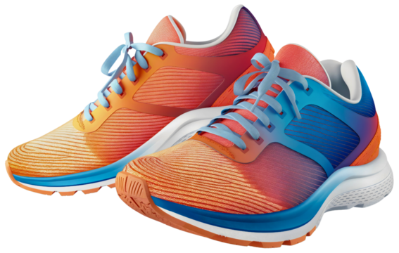 Closeup pair of orange and blue running shoes or sneakers isolated on transparent background. Fitness sport footwear, exercise training walking activity lifestyle, jogging, gym, comfortable, health