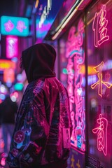 Obraz premium Mysterious Figure in Neon Alley