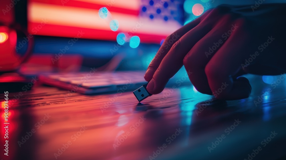 Poster hand inserting usb flash drive in computer on a desk at night with red and blue lights and american 