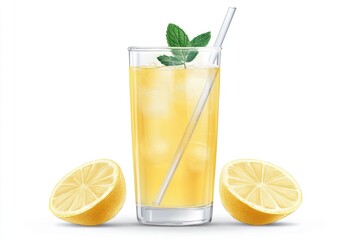 A tall glass of lemonade with a straw, ice, and a lemon wedge garnish, along with two lemon halves on either side
