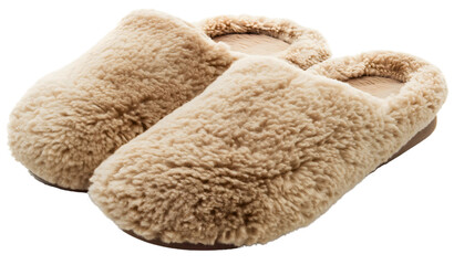 Closeup of beige slippers isolated on transparent background. Fluffy warm soft and cozy material home or house footwear, pair of comfortable female indoor shoes, casual wear