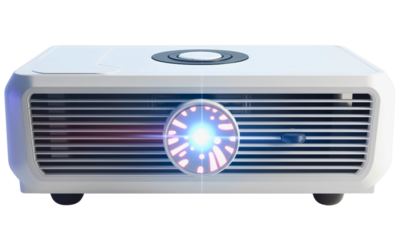 White multimedia video projector isolated on transparent background. Modern technology equipment for display screen slide show presentation on seminar, classroom, business, lens, film