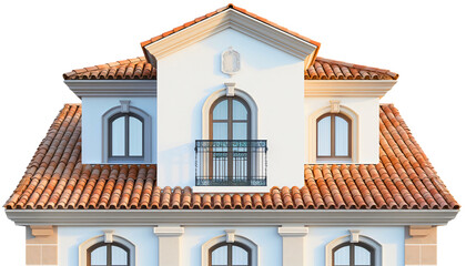 Obraz premium Exterior view of house home building roof and terrace isolated on transparent background. Residential apartment balcony, outdoor construction and architecture, patio, facade