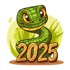 Adorable cartoon snake with large eyes and a happy smile, set against a green background with "2025" in bold wooden letters. Perfect for New Year or Chinese Zodiac themed designs