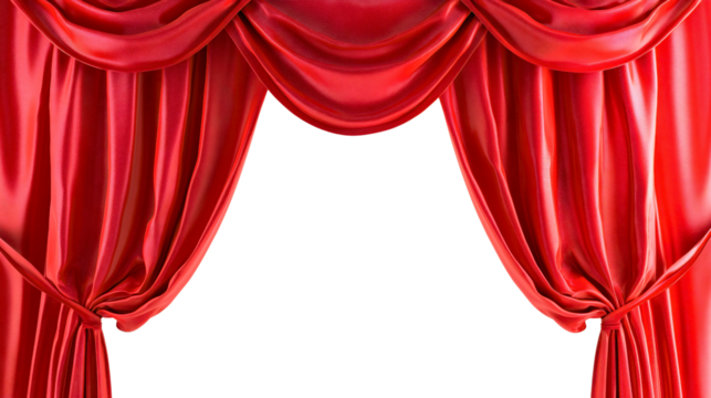 Red velvet curtain isolated on transparent background. Theater or cinema show performance stage decoration, opera concert event presentation, movie, drama, scene