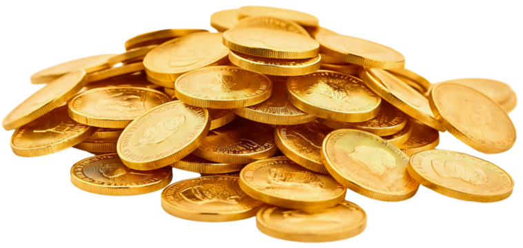 Pile stack or heap of shiny golden coins isolated on transparent background. Banking investment treasure, business economy money, rich, fortune, income