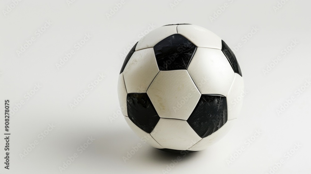 Poster a close-up shot of a black and white soccer ball on a white surface, ideal for use in sports-themed 