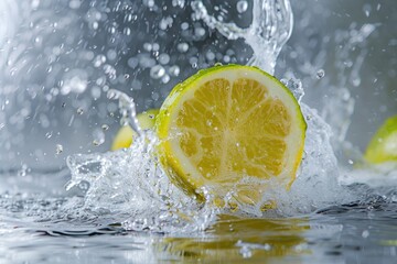 A close-up view of a slice of lemon floating in water, great for use in food and beverage illustrations