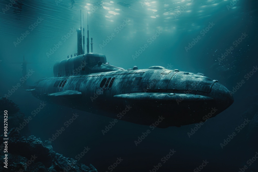 Poster a submarine floats in the ocean at depth, suitable for use in scenes about marine exploration or adv