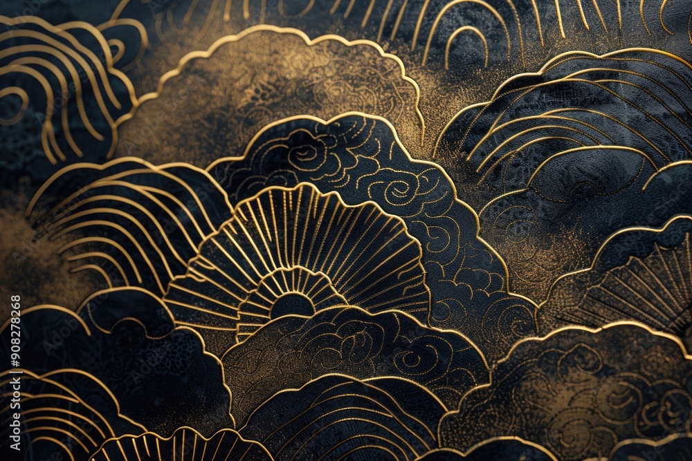 Poster a close-up shot of a textured black and gold wallpaper with intricate patterns and details