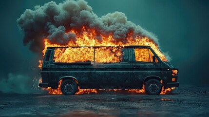 burning van with flames and smoke, isolated on a blue background, 3d rendering