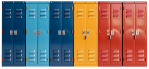 Row of closed metal steel colorful school lockers isolated. Security safety cabinet interior storage, gym door room student box to keep books, university college hallway object