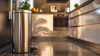 Closeup of shiny silver trash can on the floor in modern kitchen interior, copy space. Household room junk waste garbage container, domestic home rubbish disposal, hygiene