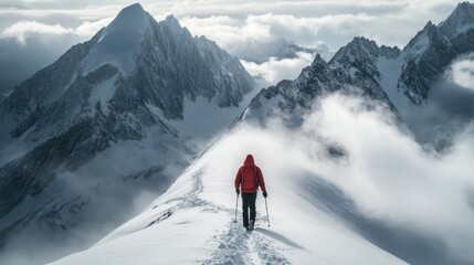 Solo Hiker Ascending Snowy Mountain Peak