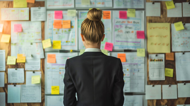 Rear back view of businesswoman looking at bulletin board with business information. Workflow strategy plan development, project methodology scheme, sticker note papers, calendar meeting task schedule