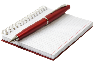 Closeup of red pen and paper notebook isolated on transparent background. Blank white business notepad diary page, spiral office document object, planner, text, message, write
