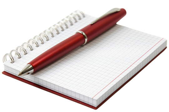 Closeup of red pen and paper notebook isolated on transparent background. Blank white business notepad diary page, spiral office document object, planner, text, message, write