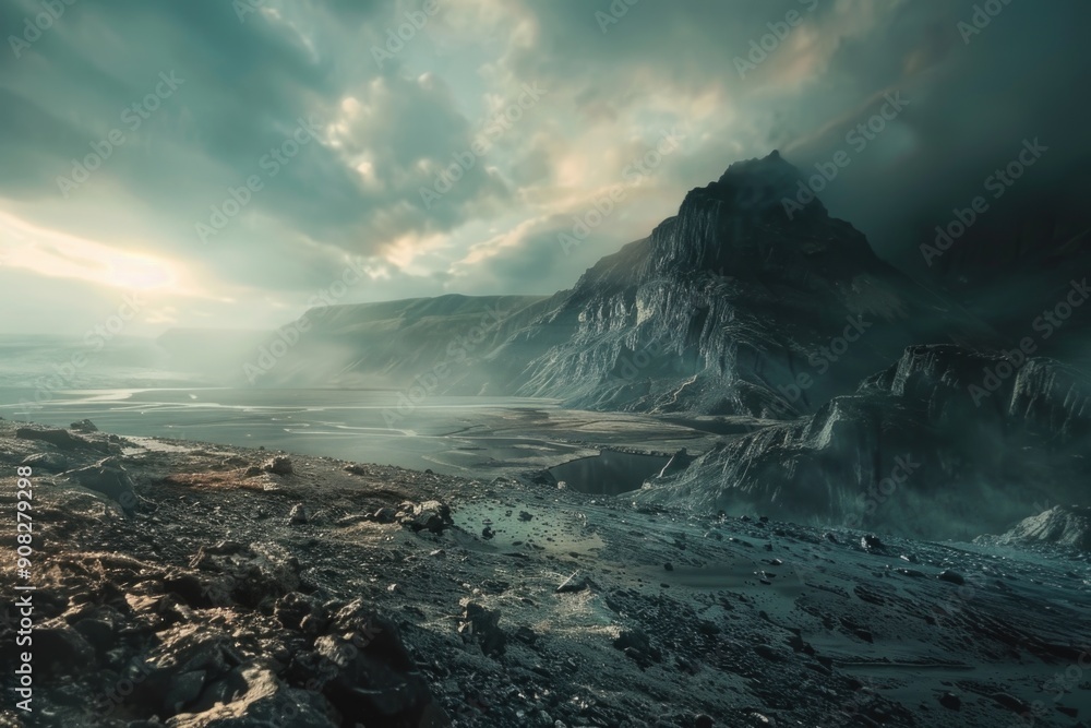 Poster a scenic view of a mountain with a valley in the middle, suitable for use as a background or illustr