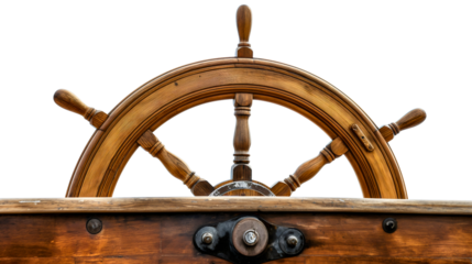Vintage old retro wooden ship boat rudder steering wheel isolated. Sea ocean water sailor cruise adventure navigate direction equipment, travel transportation control, antique, captain, helm