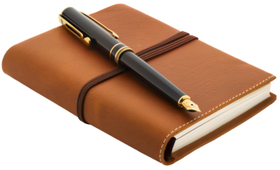 Black pen and brown leather notebook isolated on transparent background. Business notepad diary page, spiral office document object, planner, text, message, write