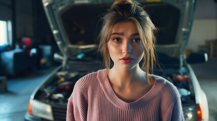 Confused young woman standing inside a garage with open hood on broken car. Automobile repair service problem, motor failure, upset worried girl, puzzled unhappy stressed lady