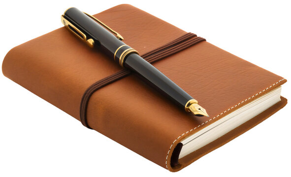 Black pen and brown leather notebook isolated on transparent background. Business notepad diary page, spiral office document object, planner, text, message, write