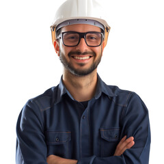Fototapeta premium Portrait of happy smiling electrician man wearing glasses and white hardhat helmet isolated, crossed arms. Professional worker in blue uniform, technician occupation profession job, business service