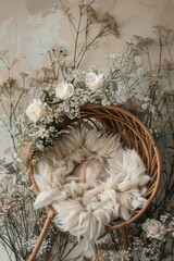 A basket filled with white flowers and baby's breath, ideal for floral arrangements or decorative purposes