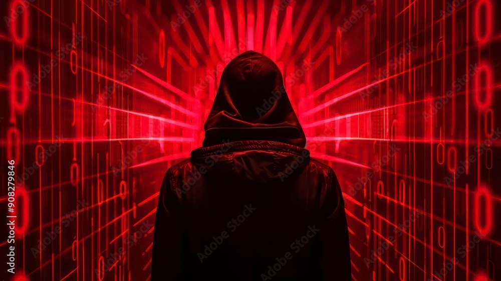 Poster hooded figure standing in front of binary code.