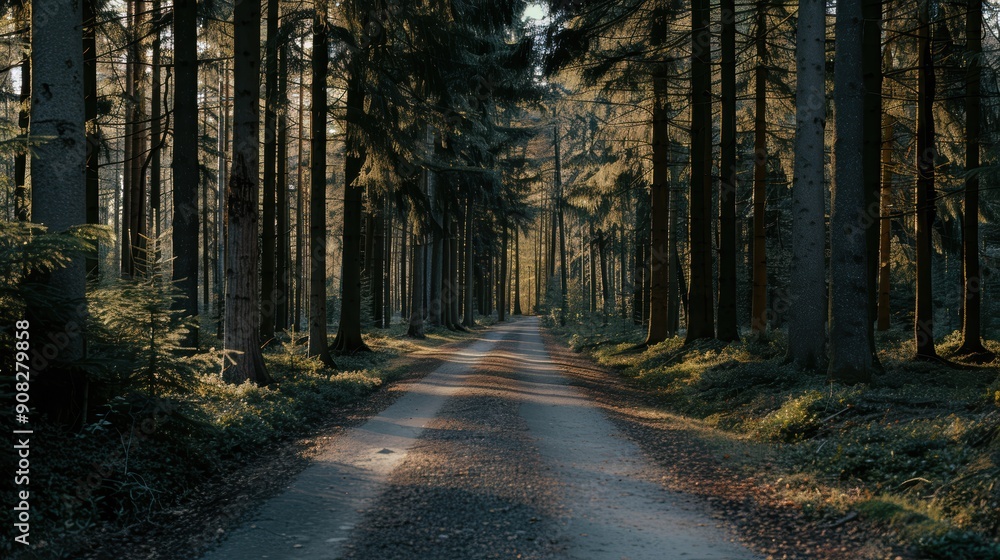Poster tranquil morning light casting a gentle glow on a serene forest path lined with towering trees