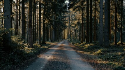 Obraz premium Tranquil morning light casting a gentle glow on a serene forest path lined with towering trees