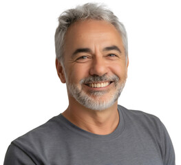 Obraz premium Portrait of happy smiling handsome middle aged man with gray or grey hair and beard isolated. Confident and mature guy, casual fashion, wearing t-shirt, 40s 50s, success, confidence, one, model