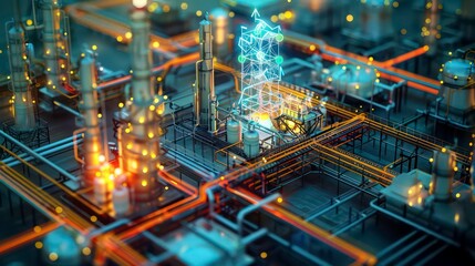 Industrial Facility with Digital Overlay and Illuminated Pipes